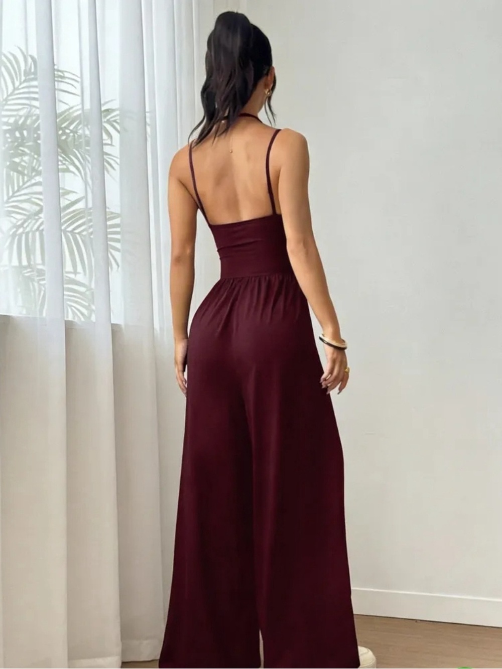 Wide-Leg Jumpsuit in Burgundy - Sleeveless Strappy Top - Picture 2 of 5
